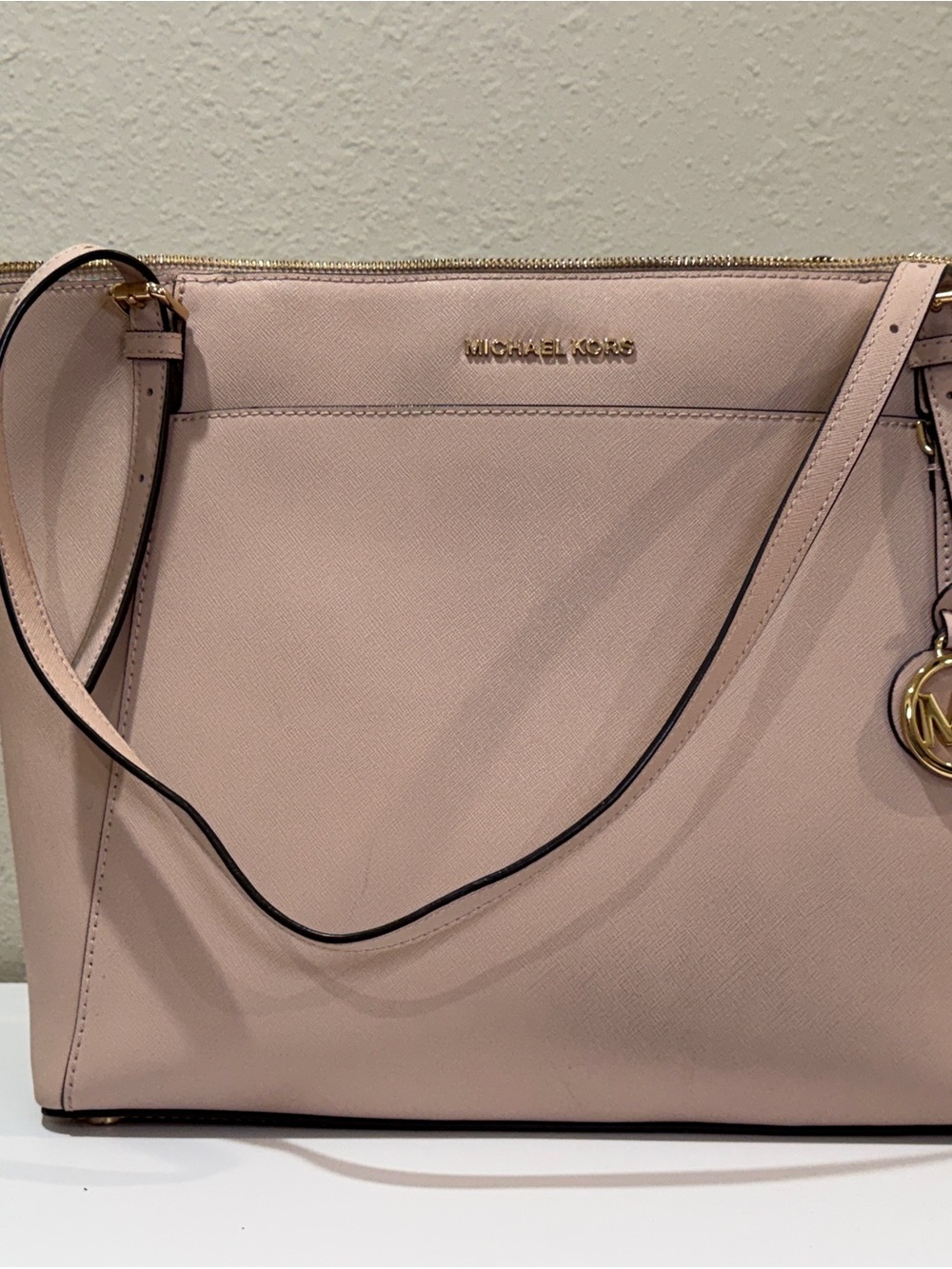 Michael Kors Blush Saffiano Leather Shoulder Bag with Gold Accent